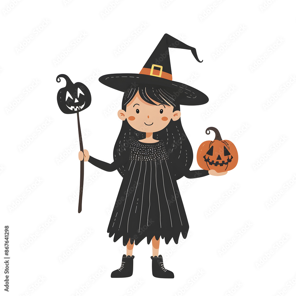 Illustration of a girl dressed as a witch on Halloween. Flat illustration. vector illustration Illustration of a girl dressed as a witch on Halloween. Flat illustration. vector illustration