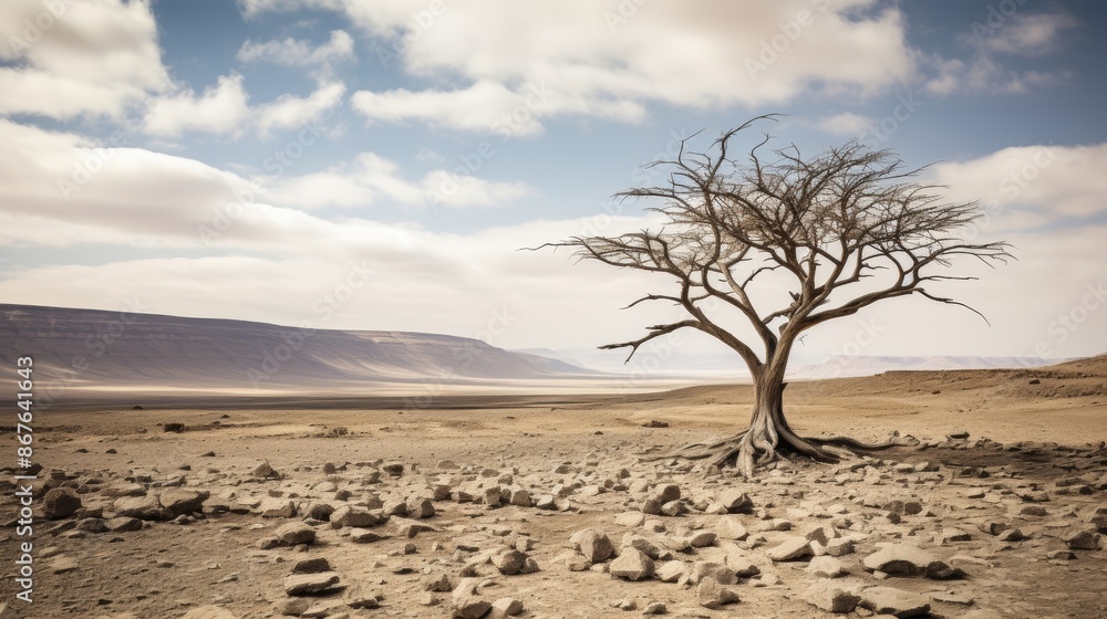 Lone tree in a vast desert landscape under dramatic sky. Lone tree in a vast desert landscape under dramatic sky.