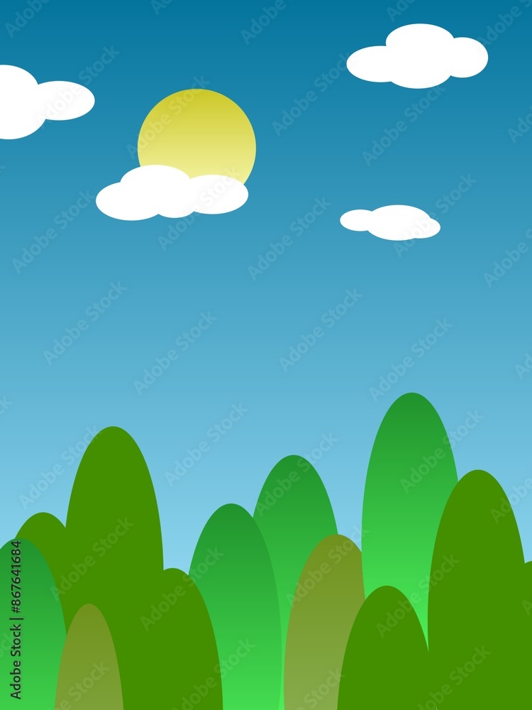 Fototapeta premium Green forest trees with cloudy sky and sun