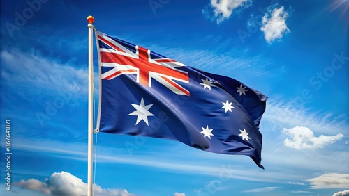 Australian flag blowing in the wind against a blue sky background, Australia, flag, wind, patriotic, symbol, fluttering, national, sky