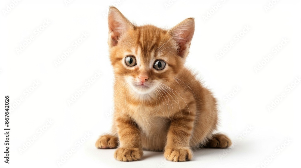 An endearing image of a ginger kitten seated, radiating playful curiosity with its large eyes and attentive posture. The plain white background enhances the kitten's features.