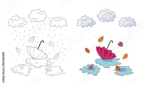 Autumn illustration with umbrella and rain, coloring page.