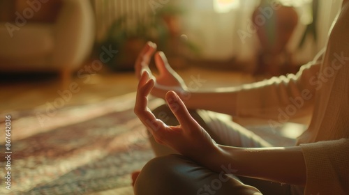 Wallpaper Mural A woman sits on the floor in a lotus pose, meditating for peace, zen, and mental wellness at home. She focuses on breathing, relaxation, and holistic practices to train her energy. Torontodigital.ca