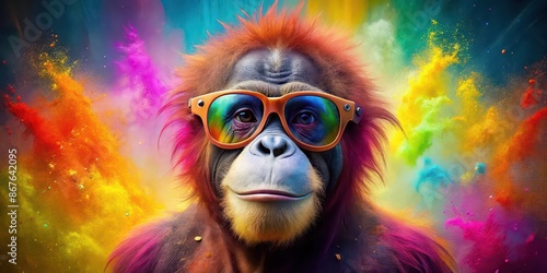 Cute orangutan wearing sunglasses with a colorful powder explosion background, orangutan, sunglasses, cute, powder explosion