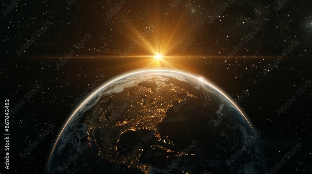 Obraz premium Sunlight ascending over earth in outer space - majestic view of solar rays illuminating planet earth with brilliant glow and radiance, cosmic landscape concept for astronomy and space exploration them