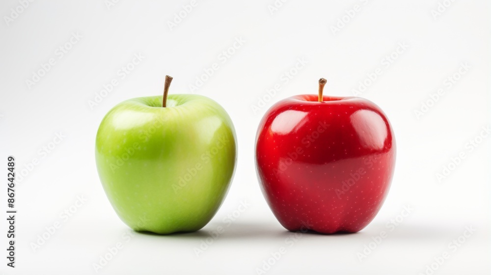 A green apple and a red apple are placed side by side against a plain white background, emphasizing their fresh, crisp appearance and the simplicity of their natural beauty. A green apple and a red apple are placed side by side against a plain white background, emphasizing their fresh, crisp appearance and the simplicity of their natural beauty.