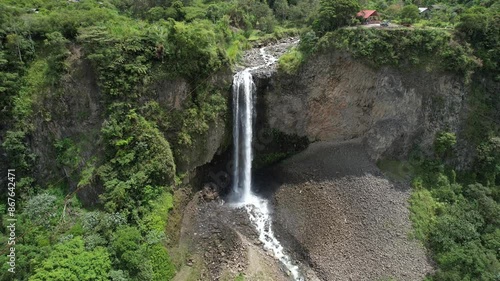 Aerial view of a waterfall on the Cascade Trail in Banos, Ecuador