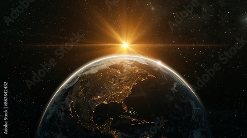 Fototapeta Naklejka Na Ścianę i Meble -  Sunlight ascending over earth in outer space - majestic view of solar rays illuminating planet earth with brilliant glow and radiance, cosmic landscape concept for astronomy and space exploration them
