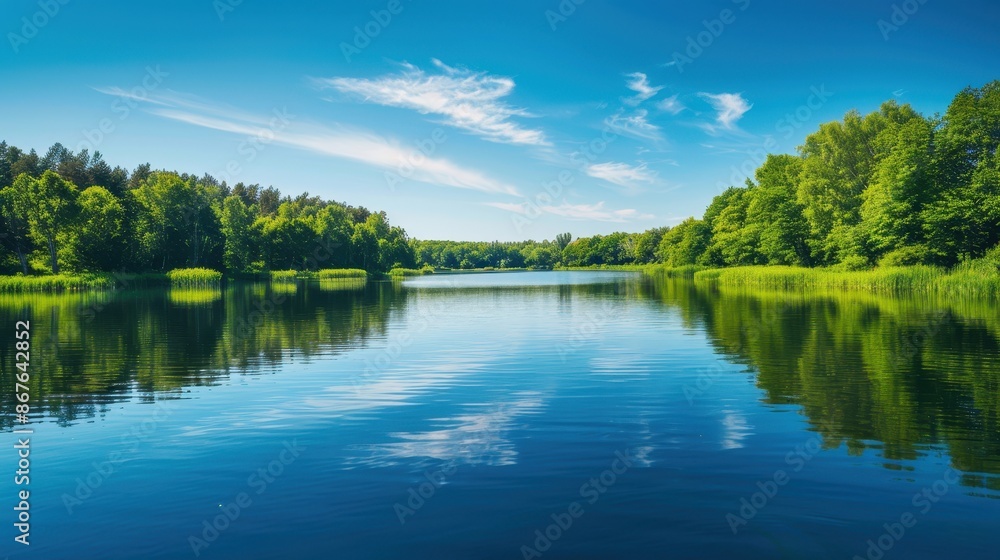 Obraz premium Serene Reflections: Clear Blue Sky and Lush Green Trees Mirrored in Tranquil Lake on Sunny Day