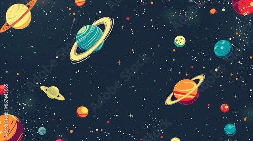 Fototapeta Naklejka Na Ścianę i Meble -  Vector flat space design background featuring small elements including stars, planets, asteroids, and nebulae on a deep blue galactic backdrop - perfect for sci-fi themes, outer space adventures, and 