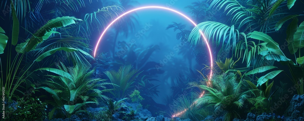 Blue and Green Neon Light with Tropical Plants. Circle shaped Fluorescent Frame in Nature Environment. Blue and Green Neon Light with Tropical Plants. Circle shaped Fluorescent Frame in Nature Environment.