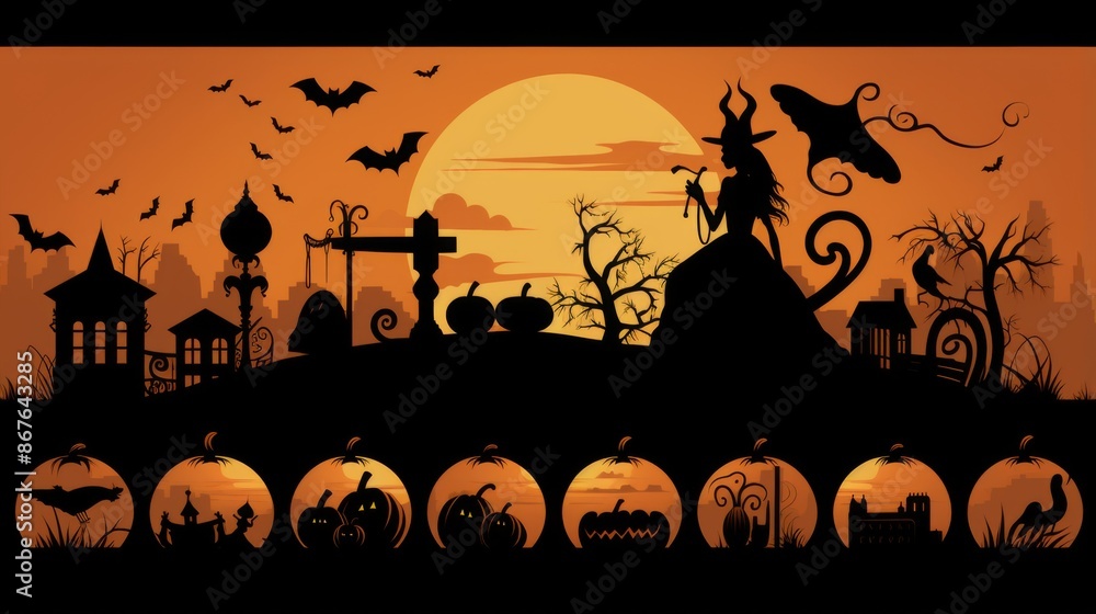 A witch silhouette with a staff stands on a hill against an orange sky. The scene includes bats, pumpkins, a large moon, and intricate details. A witch silhouette with a staff stands on a hill against an orange sky. The scene includes bats, pumpkins, a large moon, and intricate details.