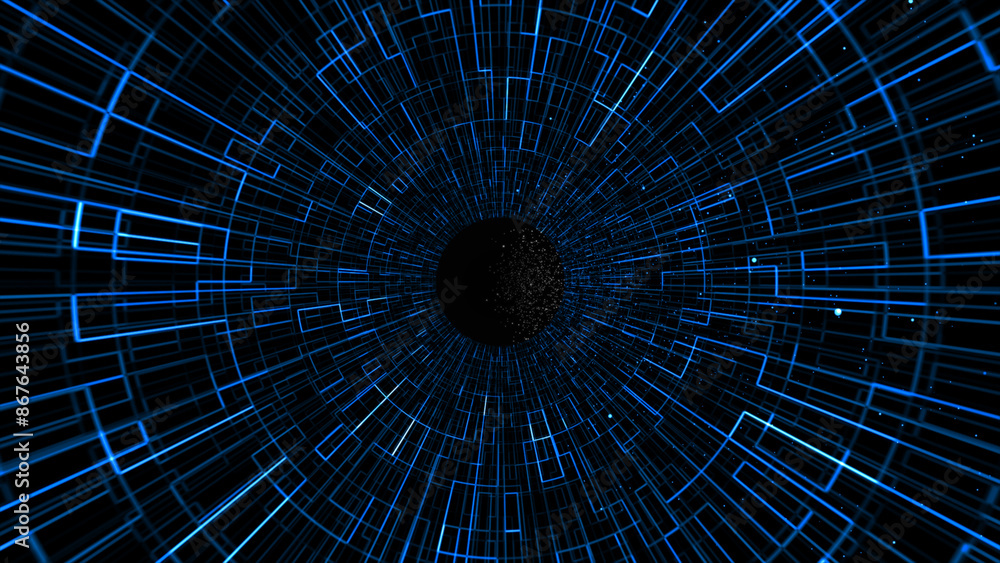 Fototapeta premium Neon wormhole in dark space.glowing wireframe tunnel. Fractal Disc series.