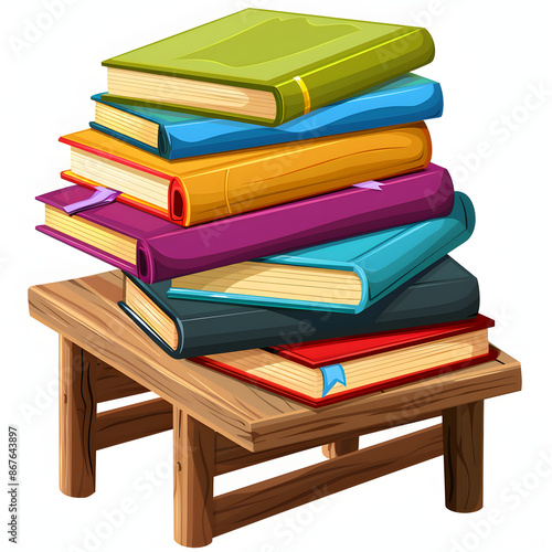 pile of colorful textbooks on wooden desk isolated on white background, png photo