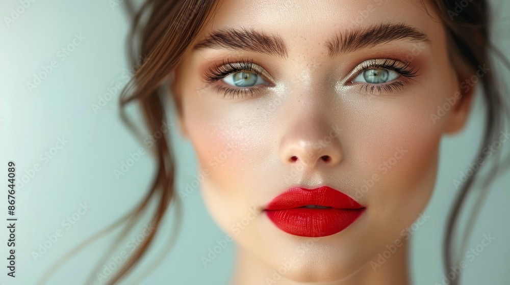 Beauty portrait of a woman, her makeup highlighting her features, smooth skin, and bold lips, emphasizing fashion and elegance. Beauty portrait of a woman, her makeup highlighting her features, smooth skin, and bold lips, emphasizing fashion and elegance.