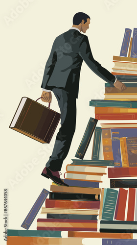 Businessman climbs ladder of books to gain knowledge and skills for future career opportunities