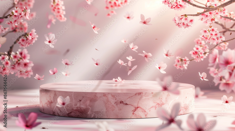 The product advertising podium stands against the backdrop of flying cherry blossoms. Empty natural stone pedestal platform for displaying products, ai generated images The product advertising podium stands against the backdrop of flying cherry blossoms. Empty natural stone pedestal platform for displaying products, ai generated images