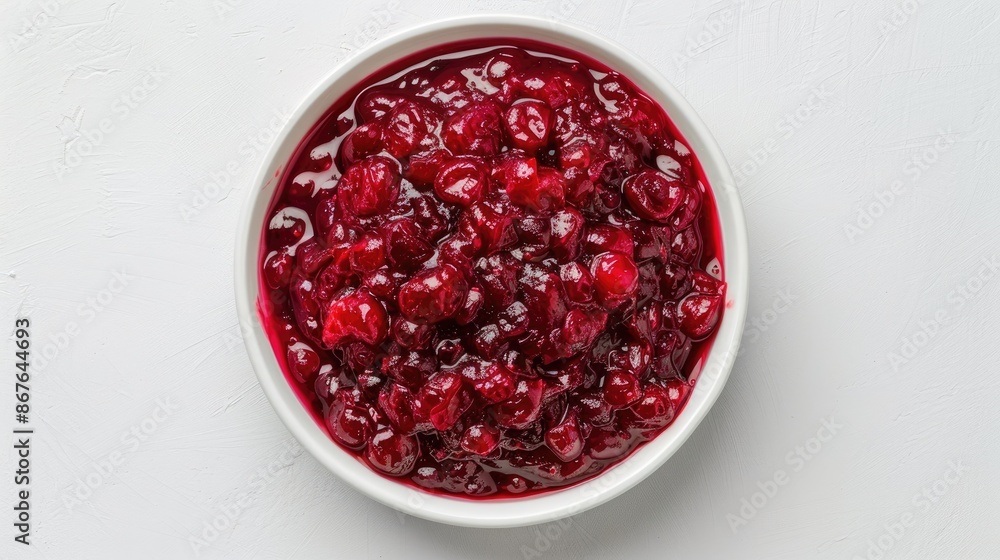 Top view of a white isolated bowl filled with freshly made cranberry sauce Top view of a white isolated bowl filled with freshly made cranberry sauce