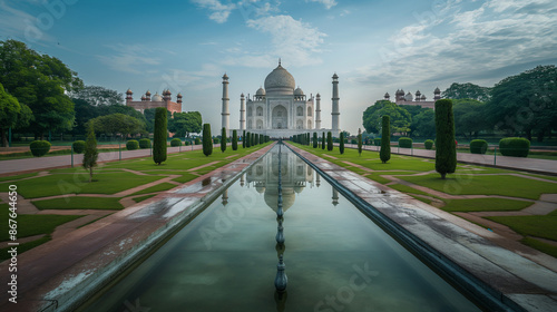 Full Front View - Wide-angle shot of the Taj Mahal from the main entrance, including the symmetrical gardens and fountains, Indian Independence Day, Indian culture