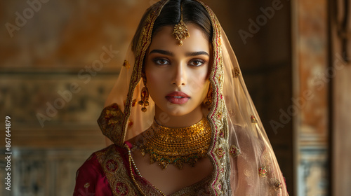 Portrait of a woman in exquisite traditional attire like a saree or lehenga, highlighting intricate fabrics and jewelry, with copy space