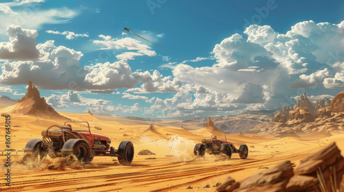 Buggies roamed the sandy expanse of the desert. photo