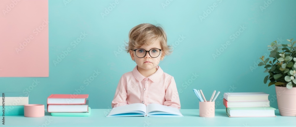 Adorable young child wearing glasses, reading a book at a colorful desk, surrounded by books and stationery, against a pastel background. Adorable young child wearing glasses, reading a book at a colorful desk, surrounded by books and stationery, against a pastel background.