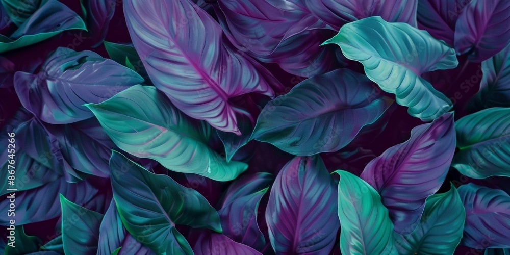 Vibrant tropical leaves in dark tones create a striking background with rich purples, greens, and blues.
Vibrant tropical leaves in dark tones create a striking background with rich purples, greens, and blues.