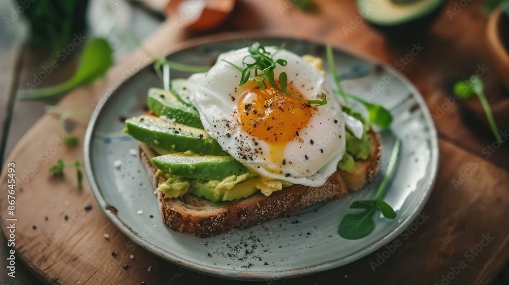 Vertical photo of avocado toast with poached egg on plate Vertical photo of avocado toast with poached egg on plate