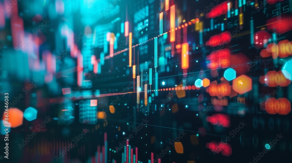 An abstract digital rendering of stock market data, featuring colorful charts and graphs against a dark background, depicting the fluctuating nature of the financial world An abstract digital rendering of stock market data, featuring colorful charts and graphs against a dark background, depicting the fluctuating nature of the financial world
