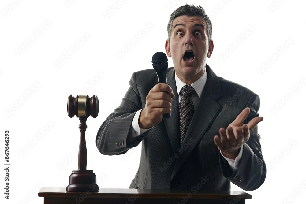 Attorney delivering persuasive speech to jury isolated on transparent background Attorney delivering persuasive speech to jury isolated on transparent background