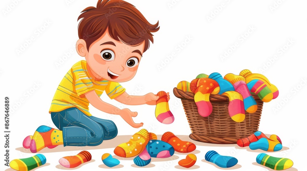 Child helping with laundry by sorting socks into pairs, with a basket of mismatched socks nearby. Cartoon illustrations vectors Generative AI Child helping with laundry by sorting socks into pairs, with a basket of mismatched socks nearby. Cartoon illustrations vectors Generative AI