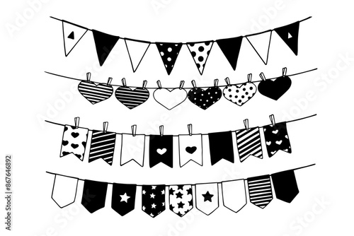 A set of sketches, doodles of festive flags for Valentine's Day. Vector graphics.