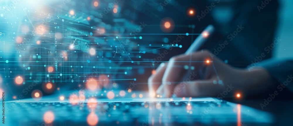 Close-up of a hand using a digital pen on a tablet, surrounded by abstract data visuals, representing technology and data analytics.