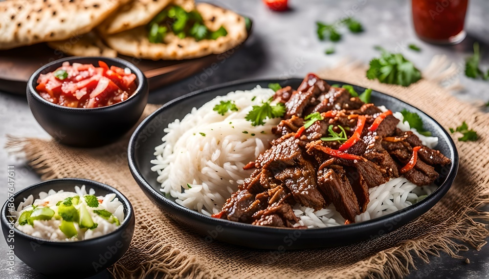 Homemade beef Shawarma Plate with Rice. Turkish beef Doner with rice.
Homemade beef Shawarma Plate with Rice. Turkish beef Doner with rice.