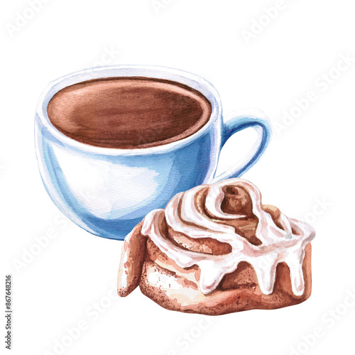 Cup of coffee with cinnamon roll in watercolor illustration on white background. Hand drawn illustration of bakery products and coffee for menu, cookbooks, coffee brand logo, bakery