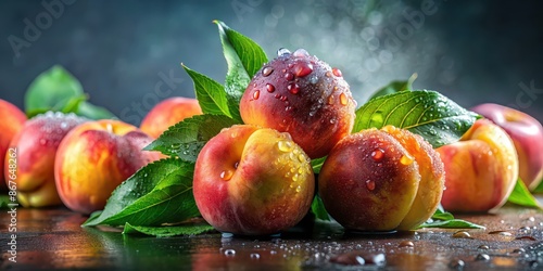 Fresh peaches with green leaves and water drops , peaches, fresh, fruit, green, leaves, water drops, organic, juicy, delicious, healthy