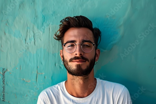Man With Glasses and a Beard Posing in Front of a Teal Wall. Generative AI