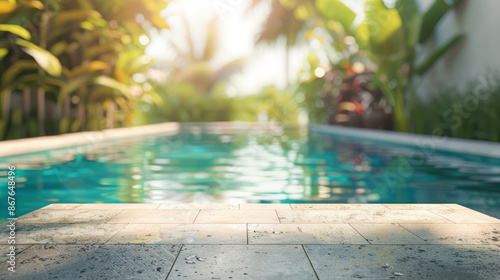 Empty stone table on a blurred swimming pool background, creating an abstract and serene atmosphere. © Mehran