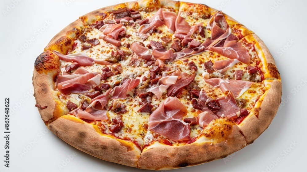 Variety of meats and ham on a large pizza shown against a white backdrop Variety of meats and ham on a large pizza shown against a white backdrop