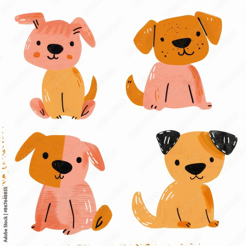 Fototapeta premium A set of cute illustrations of dogs in a simple style. Four different dogs with pink ears and brown spots. Suitable for children's projects and decor
