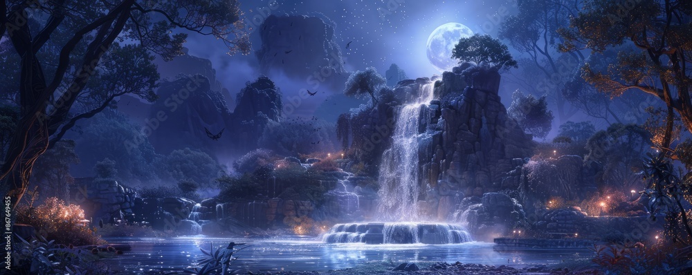 Fototapeta premium A mystical fountain glistens in the moonlight, its waters said to hold the key to eternal youth and boundless wisdom.