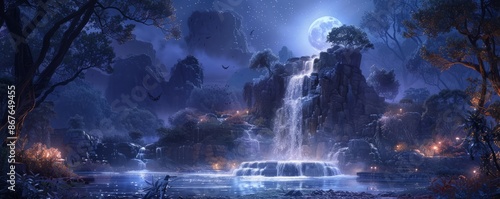 A mystical fountain glistens in the moonlight, its waters said to hold the key to eternal youth and boundless wisdom.