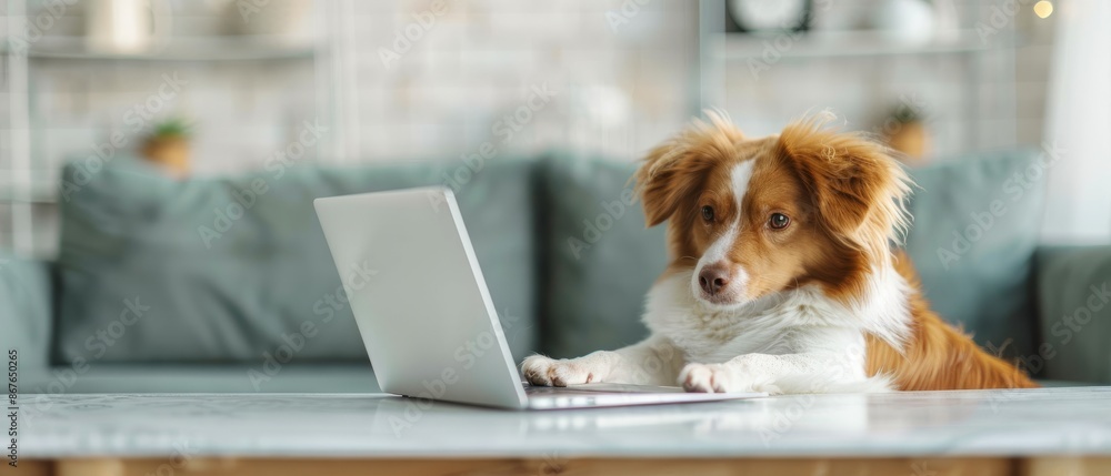 Cute dog using a laptop while resting on a couch in a cozy living room, illustrating pet technology interaction and home comfort. Cute dog using a laptop while resting on a couch in a cozy living room, illustrating pet technology interaction and home comfort.