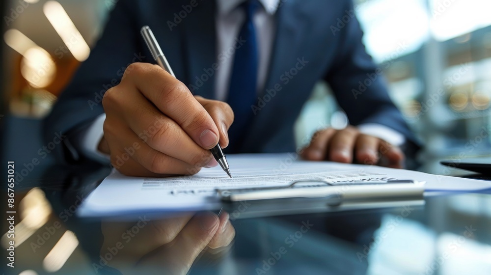 A man is writing on a piece of paper with a pen A man is writing on a piece of paper with a pen