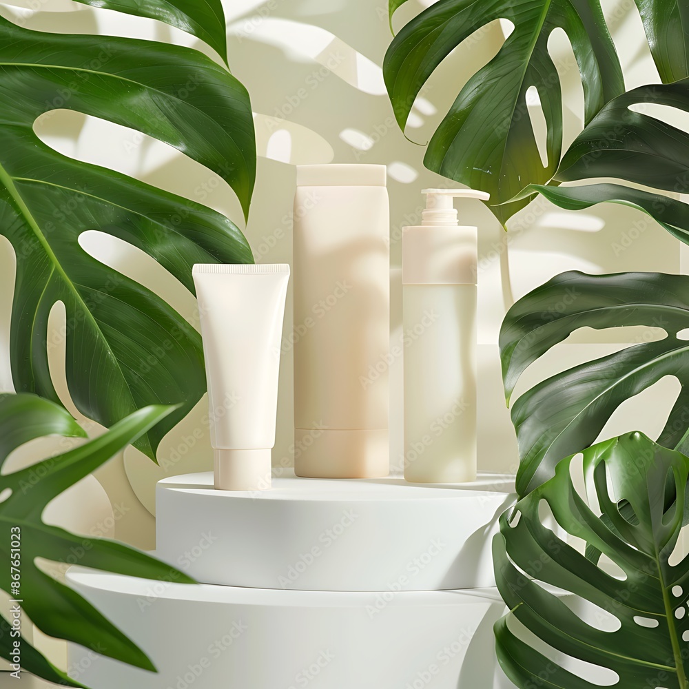 Small blank cream tubes for skincare on a white base, framed by monstera foliage. Small blank cream tubes for skincare on a white base, framed by monstera foliage.