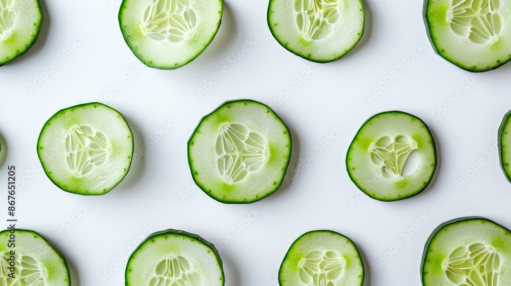 Cucumber slices on white background with space for text Top view flat lay pattern Set of slices Cucumber slices on white background with space for text Top view flat lay pattern Set of slices