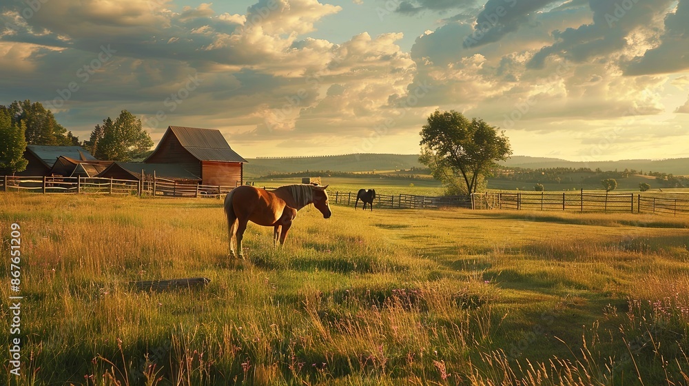 Obraz premium Beautiful ranch and horses in the meadow