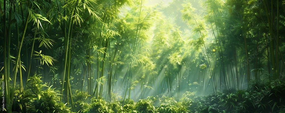 Obraz premium A tranquil bamboo grove swaying gently in the breeze, with sunlight filtering through the dense canopy.
