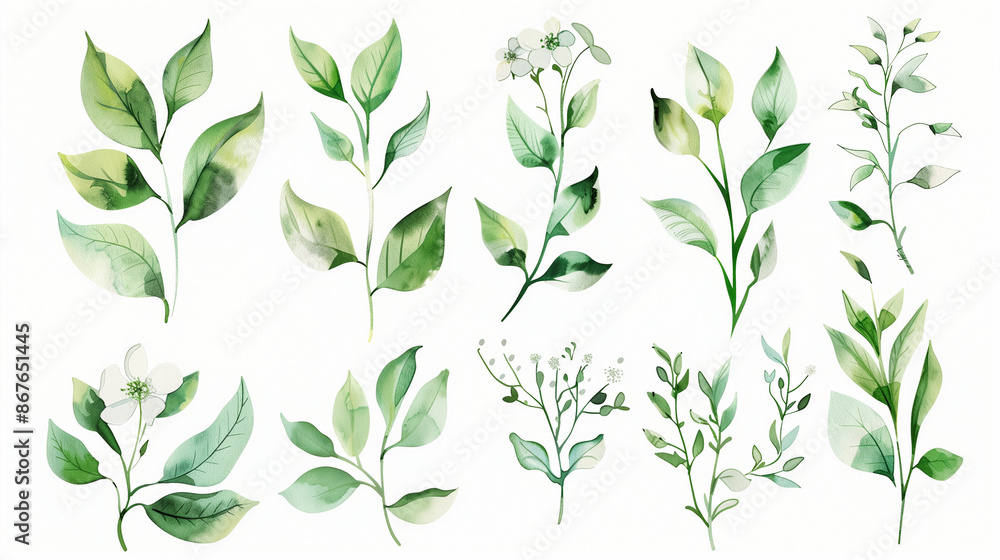 Set of green leaves and flowers elements in watercolor and ink style. Aquarelle and line branches and blooming. Vector isolated on white background for Invitation, greeting card Set of green leaves and flowers elements in watercolor and ink style. Aquarelle and line branches and blooming. Vector isolated on white background for Invitation, greeting card
