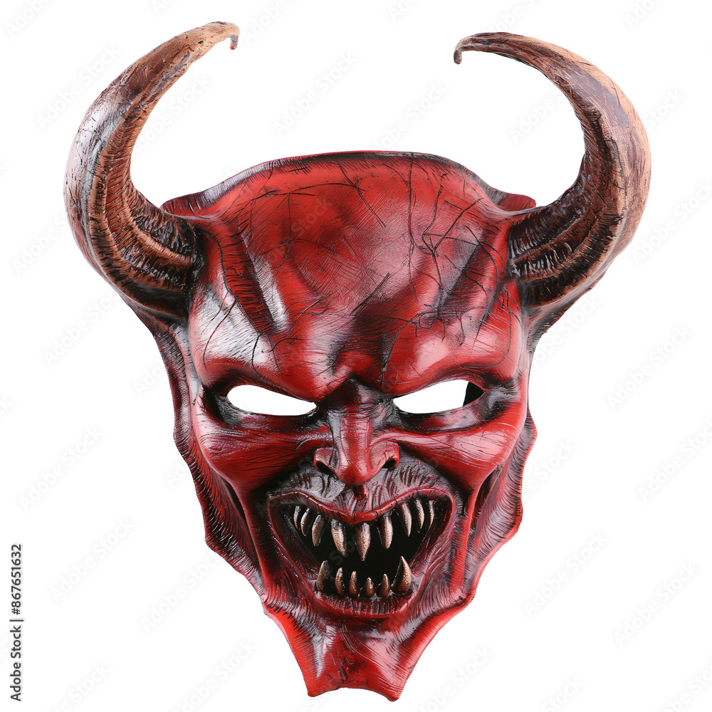 Naklejka premium A realistic of an evil red demon mask with horns and glowing eyes